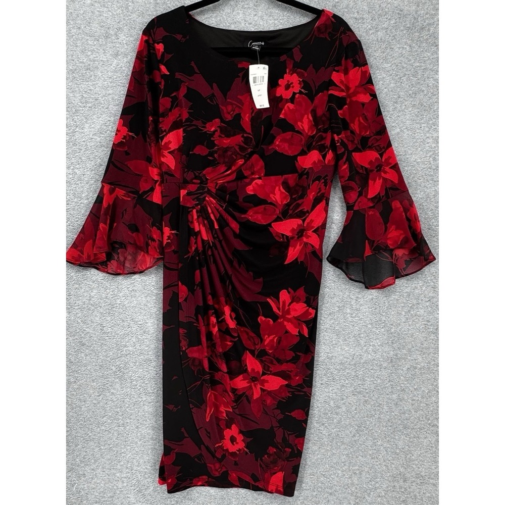 Women's Petite Floral Jersey Dress Red Black Bell Sleeve Knee Length 14P